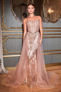 Rose Gold Strapless Glitter Gown With Removable Tulle Overskirt