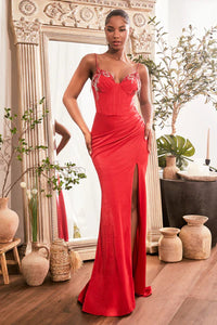 Red Iridescent Fitted Gown With Embellished Details