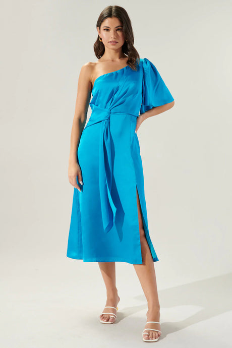 Blue Chateau Satin One Shoulder Twist Front Midi Dress