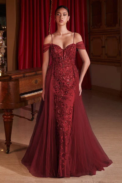 Burgundy Embellished Off The Shoulder Fitted Gown