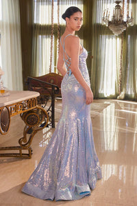 Blue Iridescent Liquid Sequin Fitted Gown