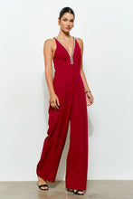 Burgundy Crystal Trim Deep V Cross Back Jumpsuit