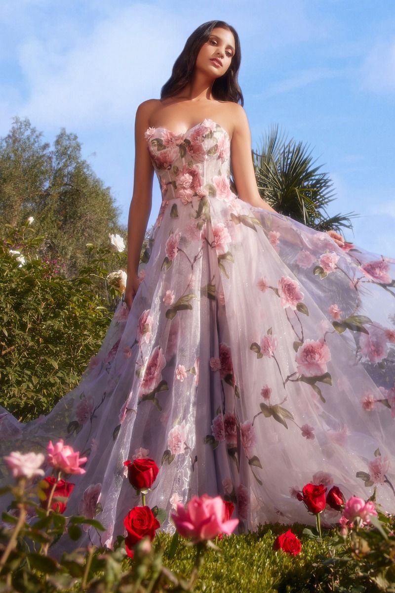 Multi Portrait Of A Rose Printed Organza Gown