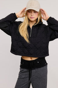 Black Quilted Puffer Sweater With Collared Zipper