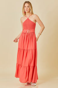 Tomato Smocked Halter Maxi Dress With Belt