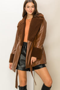 Brown Cool Intentions Faux Fur Pu Tie Waist Coat