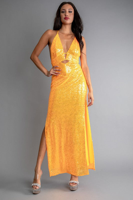 Orange Multi Color Sequin Halter Neck Deep V-Neck Keyhole Aquarius Brand Orange Multi Color Sequin Halter Neck Deep V-Neck Keyhole Aquarius Brand