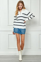 White Stripe Knit Zip-up High Collared V-neck Sweater