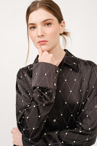 Black Long Sleeve Rhinestones Embellished Shirt Top