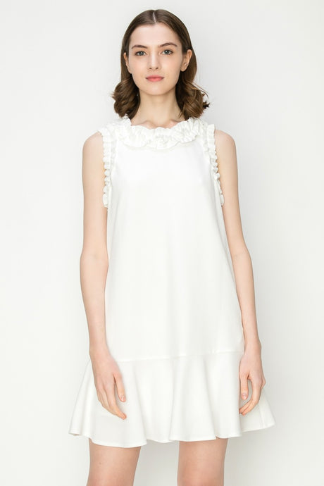 White Ruffled Sleeve Flounce Hem Crewneck Mini Dress