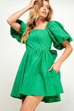 Kelly Green Puffled Balloon Sleeve Tie Back Dress