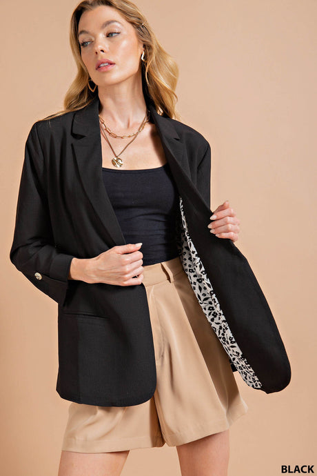 Black Crinkle Texture Floral Lined Blazer