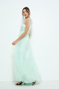 Light Green Bow Tie Strap Lace-up Back Tulle Maxi Dress