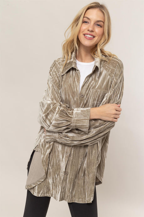 Beige Oversized Velvet Button-Up Shirt Jacket