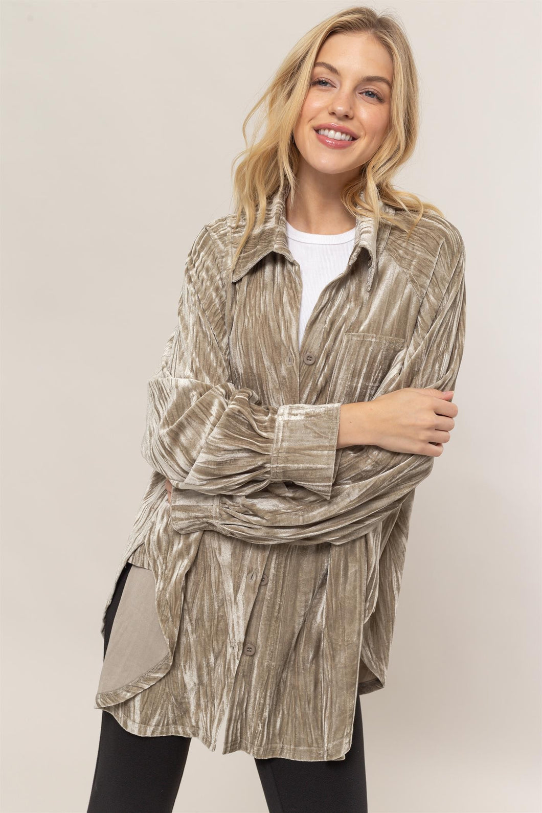 Beige Oversized Velvet Button-Up Shirt Jacket