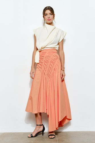 Lt.Coral Ruched Asymmetric Cotton Midi Skirt