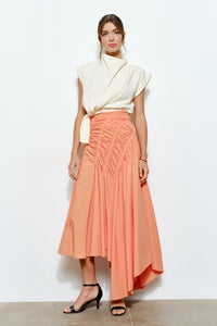 Lt.Coral Ruched Asymmetric Cotton Midi Skirt