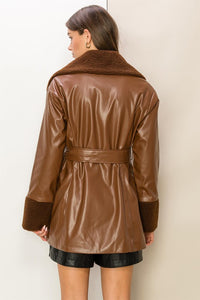Brown Cool Intentions Faux Fur Pu Tie Waist Coat
