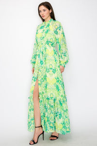 Green Combo Floral Print Button Down Closure Self Tie Maxi Dress
