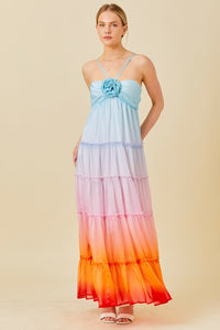 Multi Ombre 3D Flower Ruffle Trim Ombre Print Maxi Dress