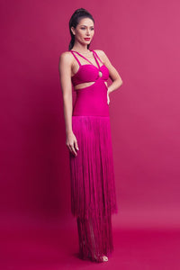Magenta Bandage Fringe Dress With Cutout