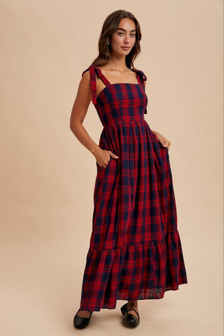 Red Tartan Cotton Maxi Dress