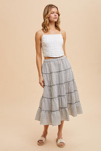 Off White Embroidered Tartan Elastic Midi Skirt