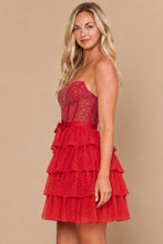 Red Corset Tiered Glitter Mini Dress With Waist Bow