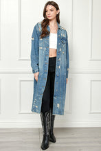 Med Wash Distressed Long Denim Jacket