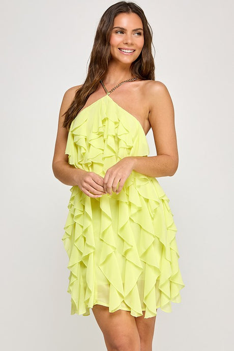 Lemon Ruffle With Gold Chain Mini Dress