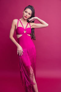 Magenta Bandage Fringe Dress With Cutout