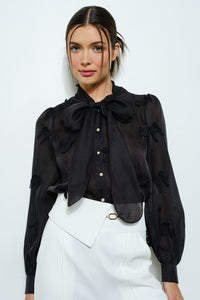Black Sheer Embroidered Butterfly Bow Tie Blouse