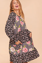 Black/Grey/Mauve Floral Clock Block Tiered Midi Dress