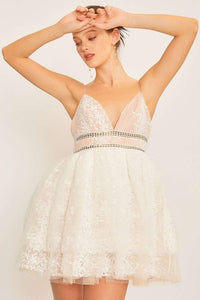 White Back Zipper Babydoll Mini Mesh Lace Dress