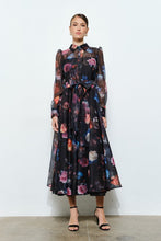 Black Floral Organza Puff Sleeve Belted Shirt Dress