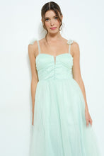 Light Green Bow Tie Strap Lace-up Back Tulle Maxi Dress