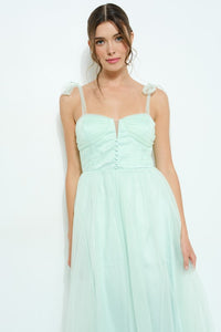 Light Green Bow Tie Strap Lace-up Back Tulle Maxi Dress