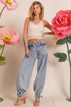 Lt Denim Washed Denim Wide Leg Pants With Tie Hem Detail