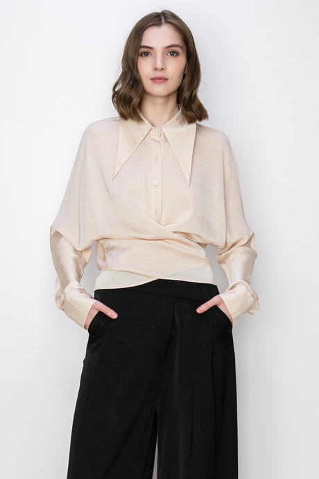 Peach Satin Wrap Cross Knot Detail Shirt Top