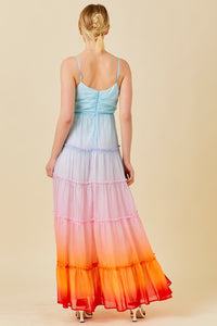 Multi Ombre 3D Flower Ruffle Trim Ombre Print Maxi Dress