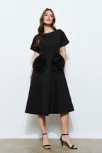 Black Elegant Rose Applique A-line Midi Dress