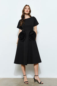 Black Elegant Rose Applique A-line Midi Dress