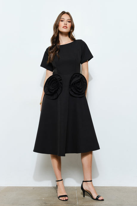 Black Elegant Rose Applique A-line Midi Dress