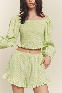 Green Gingham Smocked Top With Shorts Set