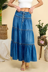 Front Button 3 tiered Denim Skirt