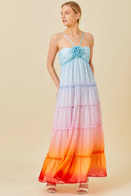 Multi Ombre 3D Flower Ruffle Trim Ombre Print Maxi Dress