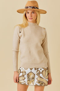 Taupe Shoulder Button Long Sleeve Sweater