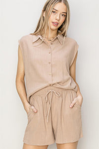 Tan Set-Linen Shirt And Shorts Set