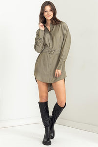 Olive Easy Win Button-Up Belted Shirt Dress
