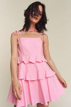 Pink Linen Tie Spaghetti Ruffle Detail Mini Dress